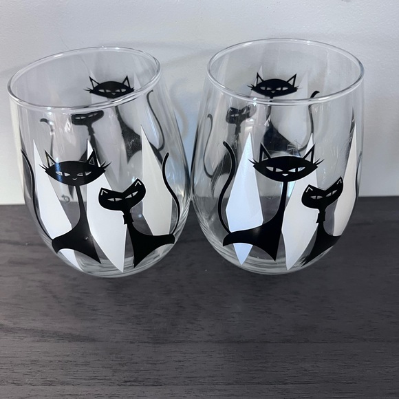 Black Cat Design Stemless Retro Wine Glasses - Picture 3 of 6